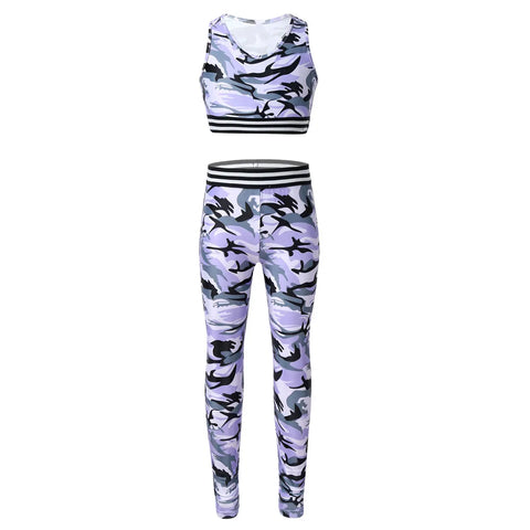 Girls' Tracksuit Outfit, Camouflage Printed Tanks, Crop Top and Leggings Pants, Children Sportswear, Gym Workout Suits, Bra Tops