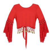 Women Indian Belly Dance Costume Lace Patchwork Three Quarter Flare Sleeve Bead Tassel Tie-Up Shawl Crop Top Cardigan Dancewear