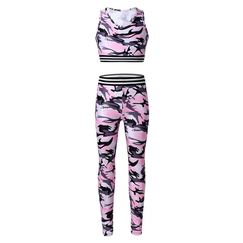 Girls' Tracksuit Outfit, Camouflage Printed Tanks, Crop Top and Leggings Pants, Children Sportswear, Gym Workout Suits, Bra Tops