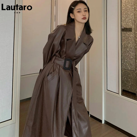 Lautaro-Long Brown Faux Leather Trench Coat for Women, Belt Runway, Stylish Loose, European Style, Autumn Fashion, 2024