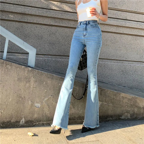 Women's Casual High Waist Slim Flare Jeans High Street Vintage Stretchable Boot Cut Denim Pants Lady Chic Skinny Denim Trousers