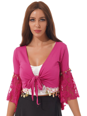 TiaoBug Women Lace Patchwork Three Quarter Flare Sleeve Bead Tassel Lace-Up Shawl Crop Tops Cardigan Indian Belly Dance Costume