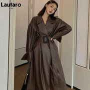 Lautaro-Long Brown Faux Leather Trench Coat for Women, Belt Runway, Stylish Loose, European Style, Autumn Fashion, 2024