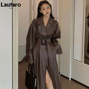 Lautaro-Long Brown Faux Leather Trench Coat for Women, Belt Runway, Stylish Loose, European Style, Autumn Fashion, 2024