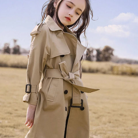 2025 Spring Autumn Cotton Teen Girls Long Trench Coats New Fashion England Style Windbreaker Jacket For Girls Children Clothing