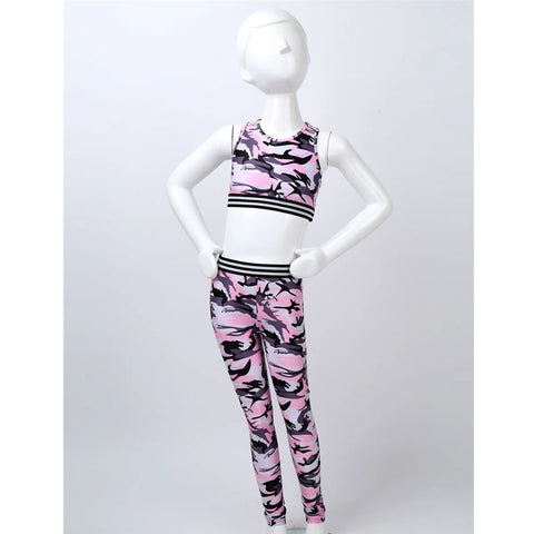 Girls' Tracksuit Outfit, Camouflage Printed Tanks, Crop Top and Leggings Pants, Children Sportswear, Gym Workout Suits, Bra Tops