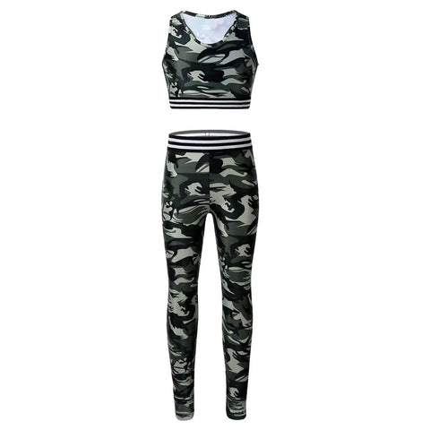 Girls' Tracksuit Outfit, Camouflage Printed Tanks, Crop Top and Leggings Pants, Children Sportswear, Gym Workout Suits, Bra Tops