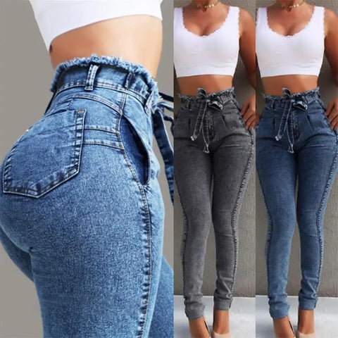 Fashion Belted High Waist Skinny Jeans Women Hot Loose Stretch Denim Long Pants Skinny Jeans Women Stretch Denim Long Pants