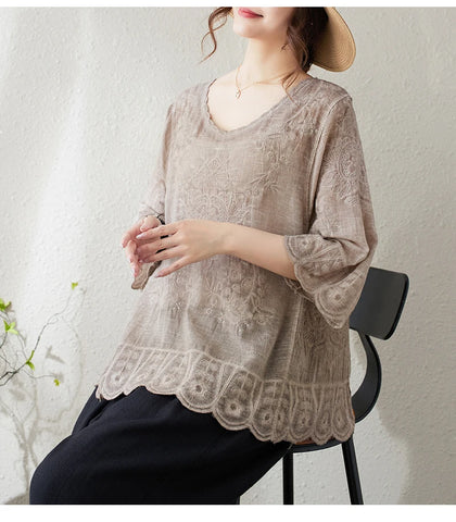 Oversized Summer Pullover T-Shirts Tops Women Floral Embroidery Mesh Fashion Hollow Out Ladies Blouses Loose Casual Woman Tops