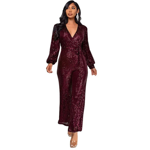 Spring And Summer Women's Clothing New Design Sense Deep V Fashion Casual Onesie Long Sleeve Belt Sequined Jumpsuit Temperament