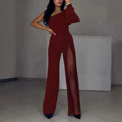 Women One Shoulder Sleeve High Split Overall Pants Jumpsuit High Waist Solid Color Full Length Pants