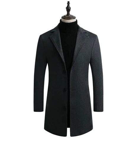 Men Long Cotton Coat 2024 Autumn Winter Wool Blend Pure Color Business Casual Slim Fit Windbreaker Jacket Fashion Men Clothing