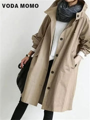 2023 Spring Autumn Casual Korean Fashion Hooded Medium Long Overcoat Loose Windproof Coat Women Trench Coat Solid Color Pocket