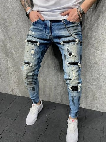 Biker Jeans Men's Distressed Stretch Ripped Biker Jeans Men Hip Hop Slim Fit Holes Punk Jeans Zipper Pure Color Denim Pants