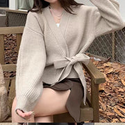 Autumn and Winter Women Solid Loose Knitwear Coat Casual Long Sleeve Lace Up Knitted Cardigan Elegant Top Sweater