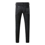 Men's Americans High Street Style Distressed Coated Black Skinny Button Fly Slim Fit Blank Ripped Coating Jeans