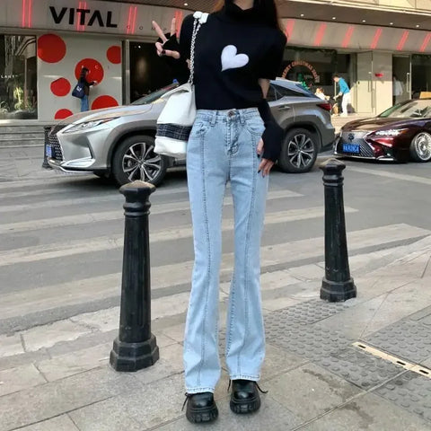 Vintage High Waist Flare Jeans Women Gray High Street Slim Boot Cut Denim Pants Stretchable Long Flared Denim Trousers Casual