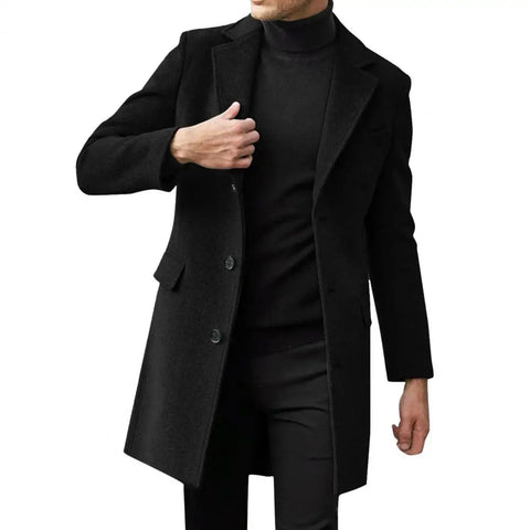 British Style Men Woolen Coat Flap Pockets Single-breasted Elegant Men Blazer Trench Coat Mid-length Long Winter Warm Overcoat