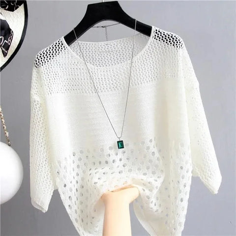 Mesh Oversize Sunscreen Loose New Knit Tee Women Korean Fashion T-shirt Hollowed Out Camisetas Summer Casual Batwing Sleeve Tops