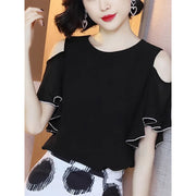 Fashion Off Shoulder O-Neck Spliced Ruffles Oversized Loose Hollow Out Chiffon Shirt Summer Casual Tops Commute Women's Blouse