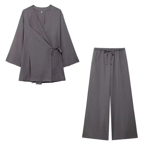 TRAFZA 2024 Spring Women Fashion Linen Suits New Solid Cardigan Kimono Top + Versatile Outerwear Female Wide Leg Long Pant