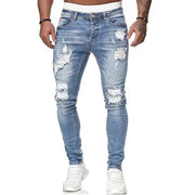 Biker Jeans Men's Distressed Stretch Ripped Biker Jeans Men Hip Hop Slim Fit Holes Punk Jeans Zipper Pure Color Denim Pants