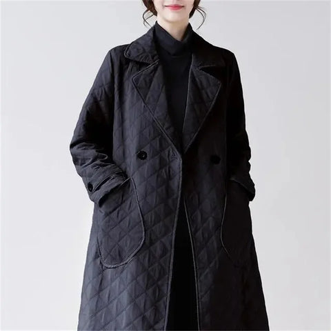 2025 Autumn Fashion Suit Collar Trench Coat Women's Double-Breasted Outwear Diamond Grid Lightweight Long Loose Coat Blazer Spri