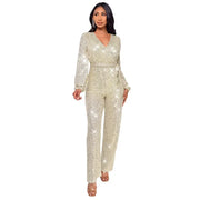 Spring And Summer Women's Clothing New Design Sense Deep V Fashion Casual Onesie Long Sleeve Belt Sequined Jumpsuit Temperament