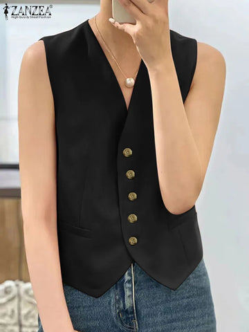 ZANZEA Summer Fashion Sleeveless Tanks Tops Women Elegant Work Vests Blouse Casual V Neck Buttons Down Shirt Solid Holiday Blusa