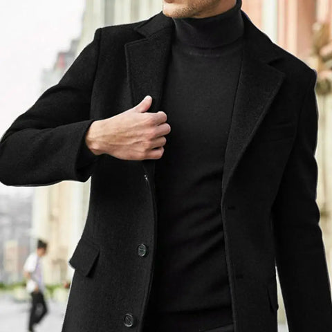 British Style Men Woolen Coat Flap Pockets Single-breasted Elegant Men Blazer Trench Coat Mid-length Long Winter Warm Overcoat