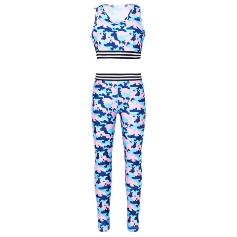 Girls' Tracksuit Outfit, Camouflage Printed Tanks, Crop Top and Leggings Pants, Children Sportswear, Gym Workout Suits, Bra Tops