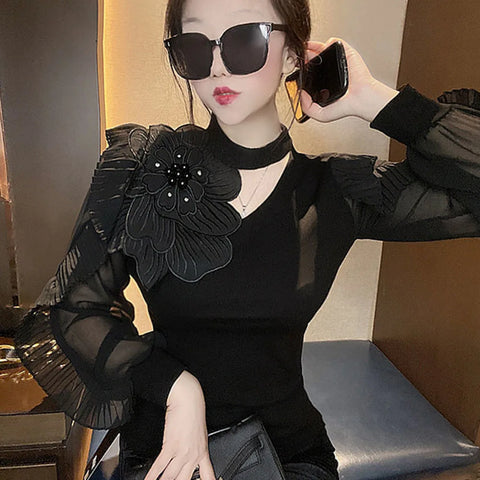 Fashion 3D Flower Blouse Hollow Out Diamonds Ruffles Shirt Women's Clothing 2024 Spring New Oversized Casual Office Lady Blusas