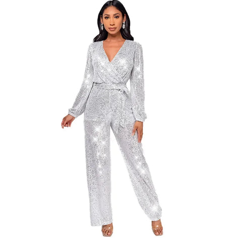 Spring And Summer Women's Clothing New Design Sense Deep V Fashion Casual Onesie Long Sleeve Belt Sequined Jumpsuit Temperament