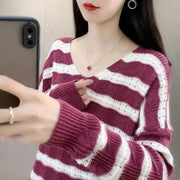 Fashion V-Neck Loose Hollow Out Striped Blouse Women's Clothing 2023 Autumn Winter New Oversized Casual Pullovers Korean Shirt