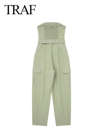 TRAF Spring New Women Fashion Y2K Jumpsuit Solid Green With Belt Sleeveless Green Cargo Pants Loose Chic Female Clothing Street