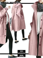 2023 Spring Autumn Casual Korean Fashion Hooded Medium Long Overcoat Loose Windproof Coat Women Trench Coat Solid Color Pocket