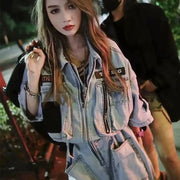 Zippers Denim Jumpsuit Motorcycle Cool  American Retro Women  Letters Jeans Chic Hottie Playsuits Wide Legs Shorts Rompers