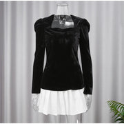 Black Long Sleeve Top And White Mini Pleated Skirt Women Fashion Ruffled Square Neck Velvet Short Dress 2 Pieces Elegant Gown