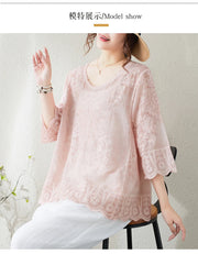 Oversized Summer Pullover T-Shirts Tops Women Floral Embroidery Mesh Fashion Hollow Out Ladies Blouses Loose Casual Woman Tops