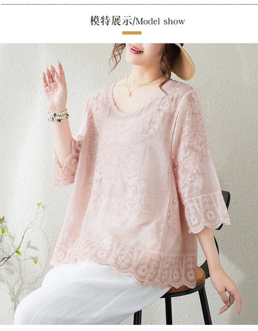 Oversized Summer Pullover T-Shirts Tops Women Floral Embroidery Mesh Fashion Hollow Out Ladies Blouses Loose Casual Woman Tops