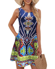 Summer Women's Sleeveless Plus Size 5XL Women's Long Skirt Boho Round Geometric Print Fashionable and Comfortable Tank Top Dress