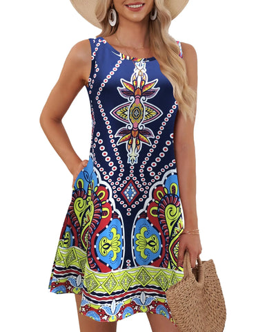 Summer Women's Sleeveless Plus Size 5XL Women's Long Skirt Boho Round Geometric Print Fashionable and Comfortable Tank Top Dress