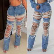 New stretch fashion ripped pearl chain decorated jeans