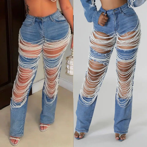 New stretch fashion ripped pearl chain decorated jeans