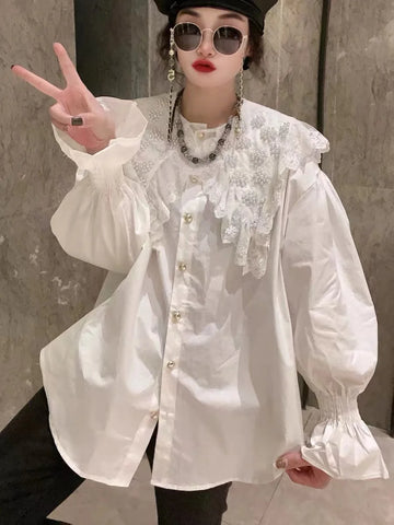 2024 Spring New Exquisite Beaded Lace Hollow-out Long White Black Oversized Shirts Blouses Women Lantern Long Sleeve Tops Blusas