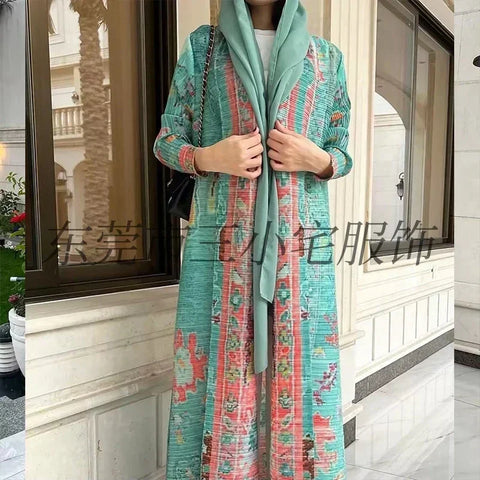 GGHK Pleated 2024 Spring and Autumn New Women Large Size Trench Dress Retro Printed Cardigan Design Female Luxury Abaya