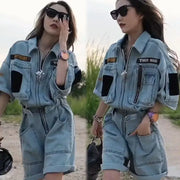 Zippers Denim Jumpsuit Motorcycle Cool  American Retro Women  Letters Jeans Chic Hottie Playsuits Wide Legs Shorts Rompers