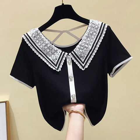 Sweet Peter Pan Collar Hollow Out Ruffles Lace Blouse Women's Clothing 2023 Summer New Oversized Casual Tops Office Lady Shirt