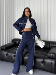 Women's 2024 New Casual Set Long Sleeved Half High Collar Cardigan Zipper Sweater Lace Up Striped Pants Comfortable Sports Set