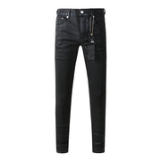 Men's Americans High Street Style Distressed Coated Black Skinny Button Fly Slim Fit Blank Ripped Coating Jeans